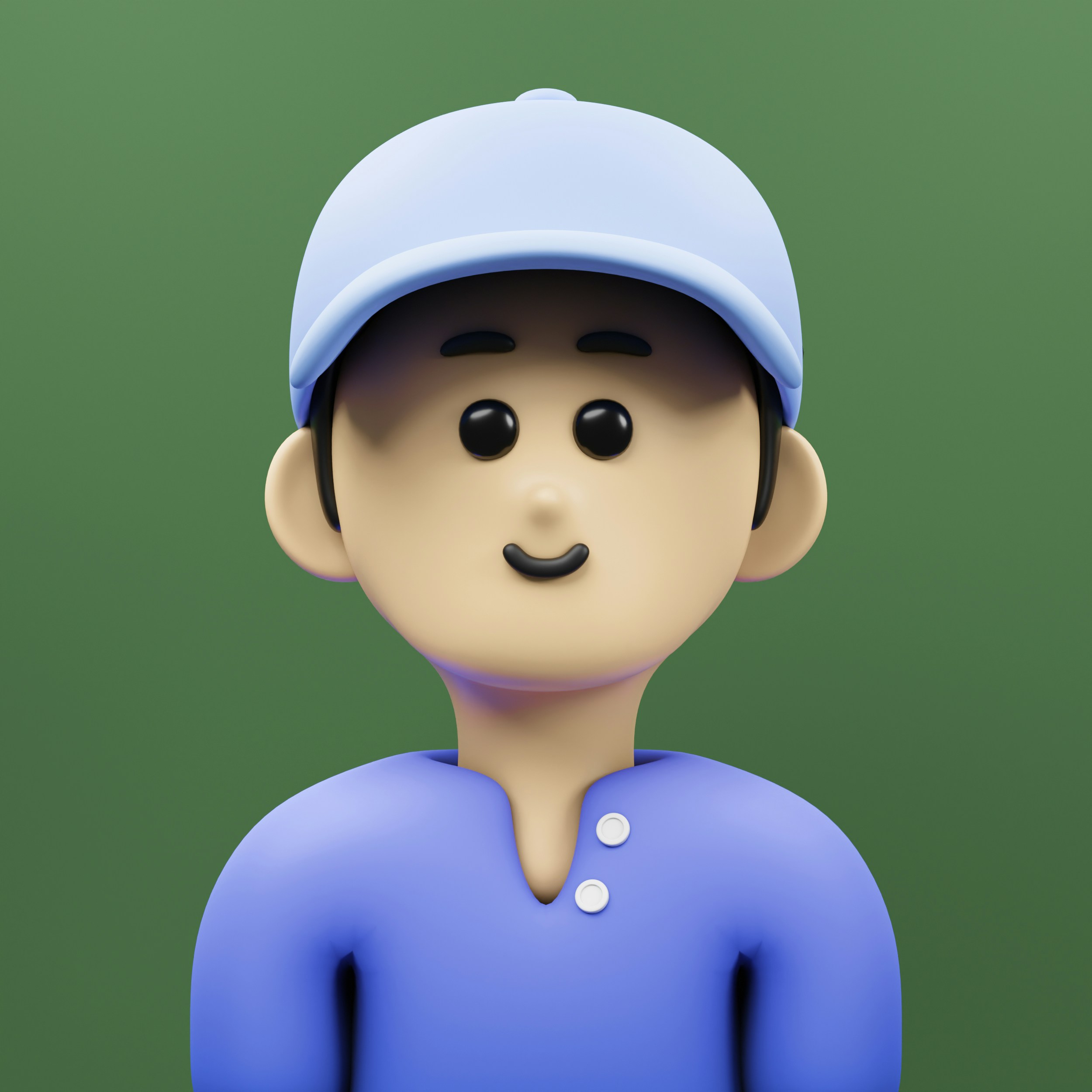 A cartoon character wearing a blue shirt and a blue hat