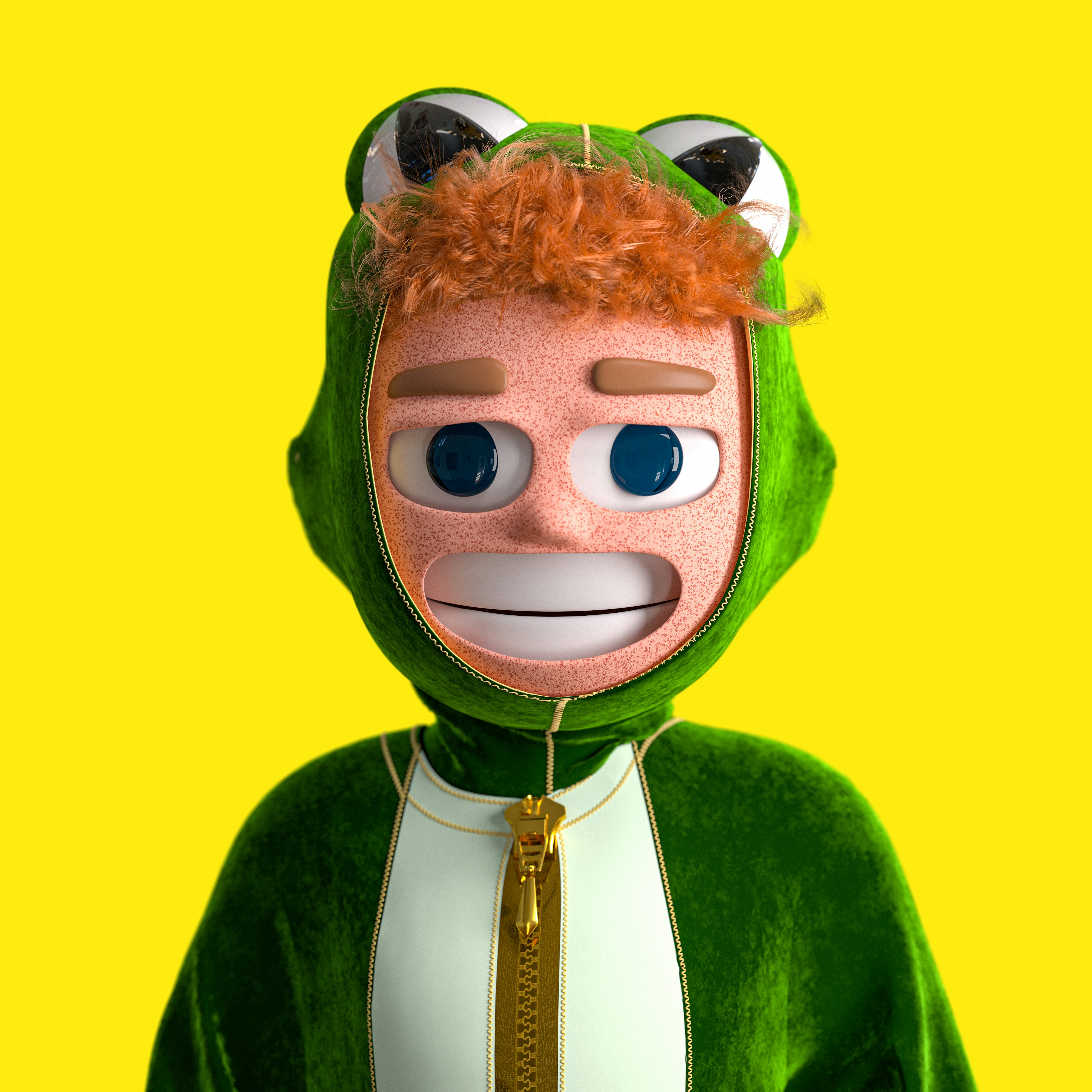 A person wearing a green frog costume